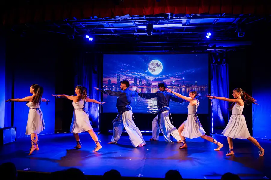 Dancers in a trained line formation on stage